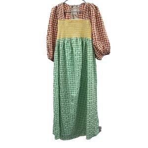 ASOS Design Shirred Mixed Multicolor Gingham Print Long Sleeve Midi‎ Dress Sz 6